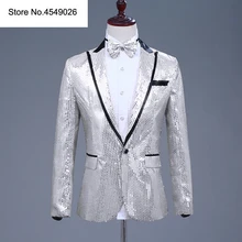 Серебряный блесток мужской блейзер с галстуком-бабочкой костюм для певцов в ночном клубе свадебные, для жениха блестящие блейзеры костюмы