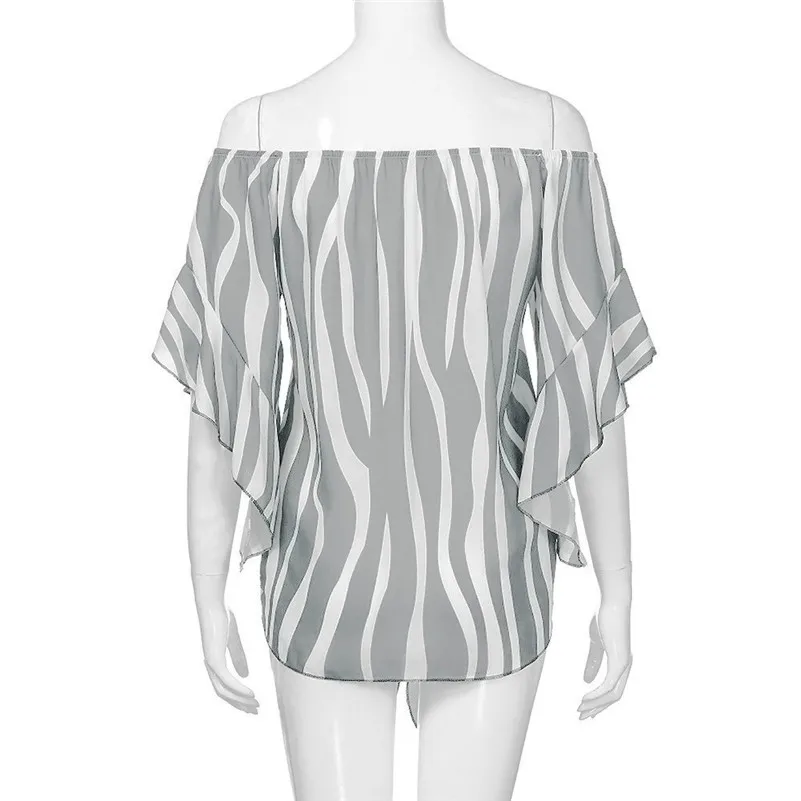 Women Striped Off Shoulder Waist Tie Blouse Short Sleeve Casual T Shirts Tops  (3)