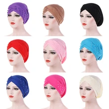 Chapeau Turban croisé en coton pour femmes, couvre-chef à perles avec imitation perle, couvre-chef indien à la mode