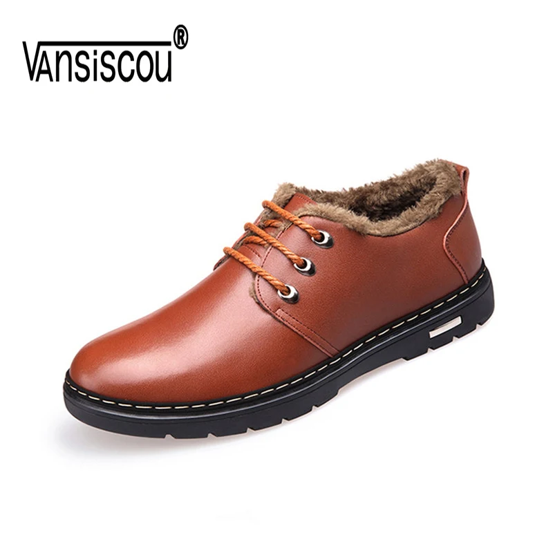 

VANSISCOU Winter Men Genuine Leather Shoes Fashion Casual Plush Warm Boots Lace Up Flats Male Snow Boots Fur Inside Comfortable