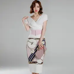 Летний белый верхний карандаш с v-образным вырезом юбка миди с принтом из двух частей длиной до колена сексуальный комплект платье