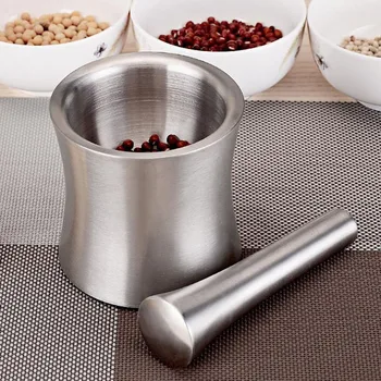 

High Quality Practical Double Stainless Steel Mortar and Pestle Kitchen Garlic Herb Mills Grinder Bowl Kicthen Supply ZA5505