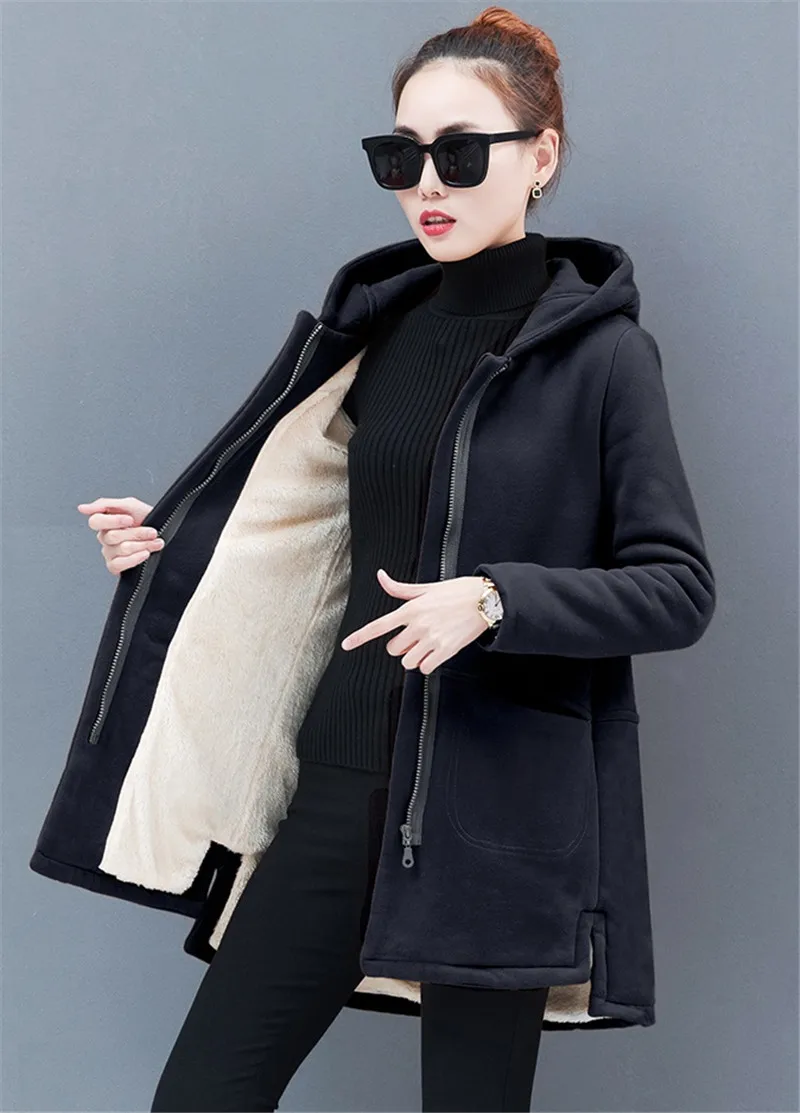 Новинка, осенняя утолщенная Вельветовая куртка для женщин, длинный рукав, свободный капюшон, длинное весеннее пальто, Feminino Abrigos Mujer, верхняя одежда L27 - Цвет: Gray