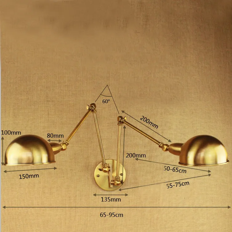 Дизайн роскошные античная латунь золотой double head swing arm Эдисон Бра Металлические Регулируемые Настенные Светильники Для Домашнего Освещения настенный светильник двухсторонний