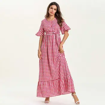 

Women Summer Muslim Abaya Oversized Shirt Dress Short Sleeve Kaftan Dubai Arabic Islamic Robe Plus Size Lace Up Ruffle VKDR1512