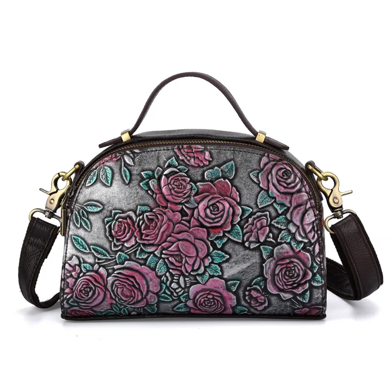 

Brand Genuine Leather Small Casual Handle Bag Women's Shoulder Messenger Bags Handbag Vintage Brushed Off Rose Flower Engraved