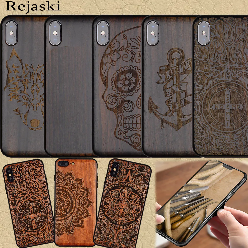 

Rejaski Vintage Skull Wood Phone Case For iPhone X XS XR Max Black Wooden Cover Retro Wolf Ebony For iPhone 7 8 Plus Soft Cases