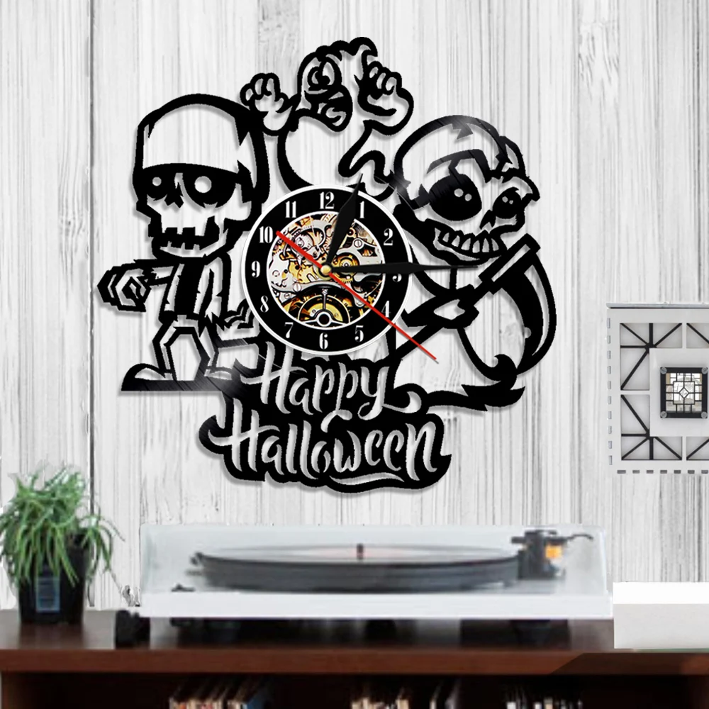 1 шт Happy Halloween Виниловая пластинка настенные часы черепа LED Освещение настенный светильник Винтаж LP настенные Книги по искусству Домашний