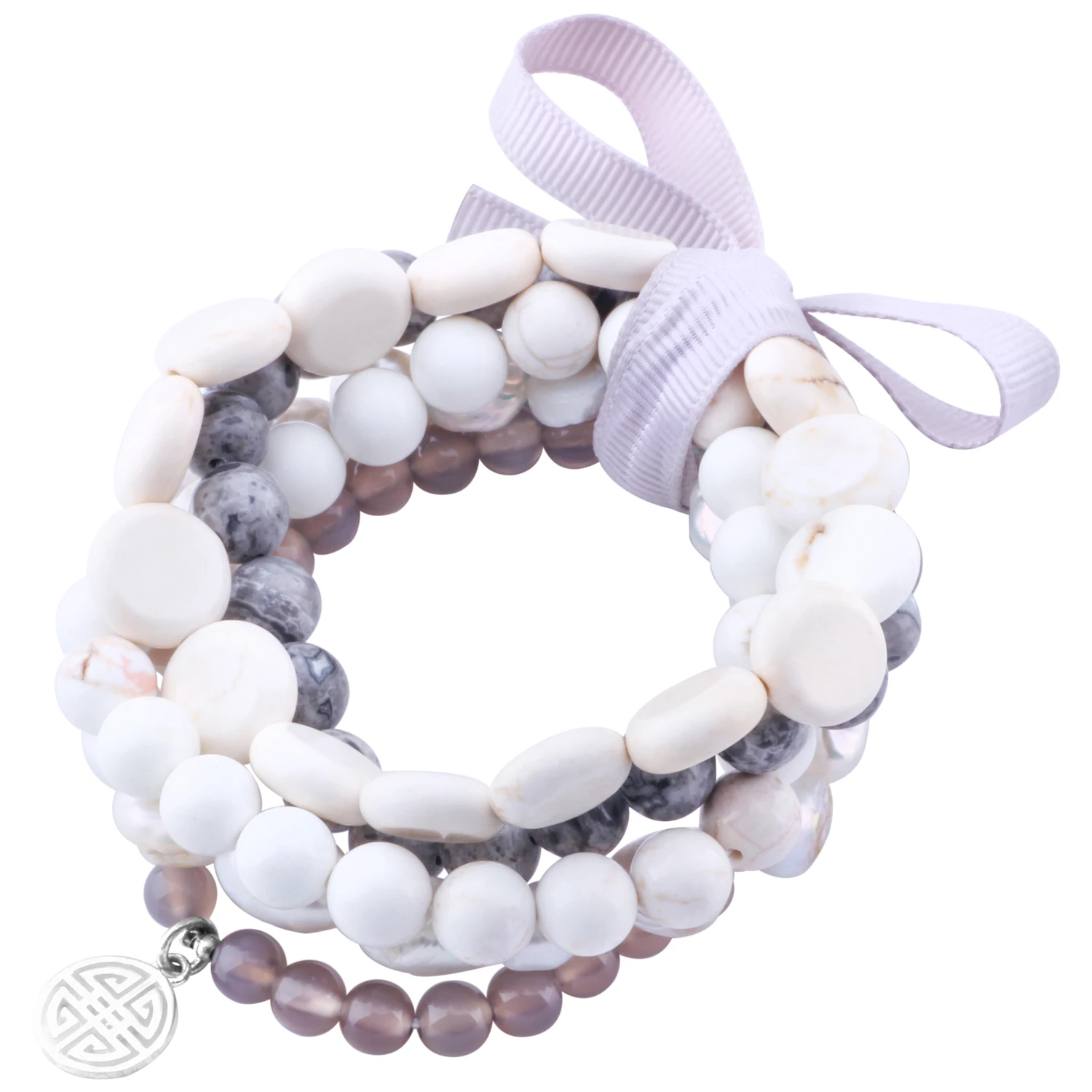 

MetJakt Natural Gemstone Mix Pearl-Jasper-Agate-Howlite 5Pcs Handmade Bracelet with Double Happiness Charm 18-19cm