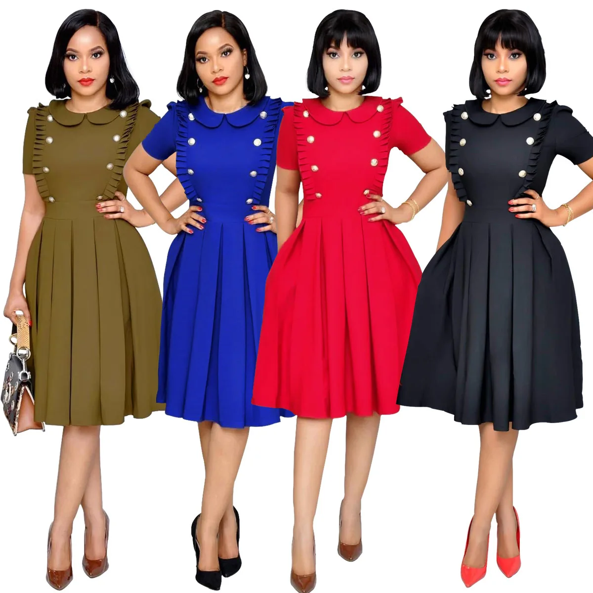 

WY6540 European and American Fashion Lotus Leaf Collar Pleated OL Wind Short-sleeved Dress Pleated dress 4 Color S-2xl Size