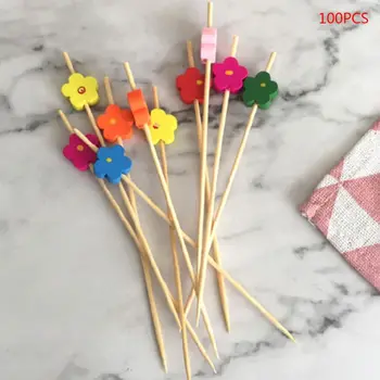 

100pcs Flower Food Picks Dessert Buffet Fruit Salad Fork Cake Muffin Party Vegetable Sticks Cocktail Toothpicks Cake Sign