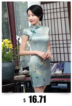 Sheng Coco женские темно-зеленые модифицированные короткие Cheongsam платья с рисунком лотоса атласная Женская одежда современная мода китайский