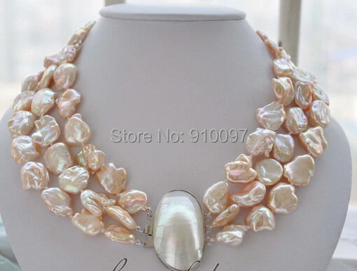 

LHX54013>>>>3strands 15mm BAROQUE pink KESHI REBORN PEARL NECKLACE mabe clasp