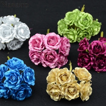 

6pcs 4cm Gold Silver Mini Silk Artificial Rose Flower Bouquet DIY Gift Box Scrapbooking Wedding Decoration Fake Flowers Craft