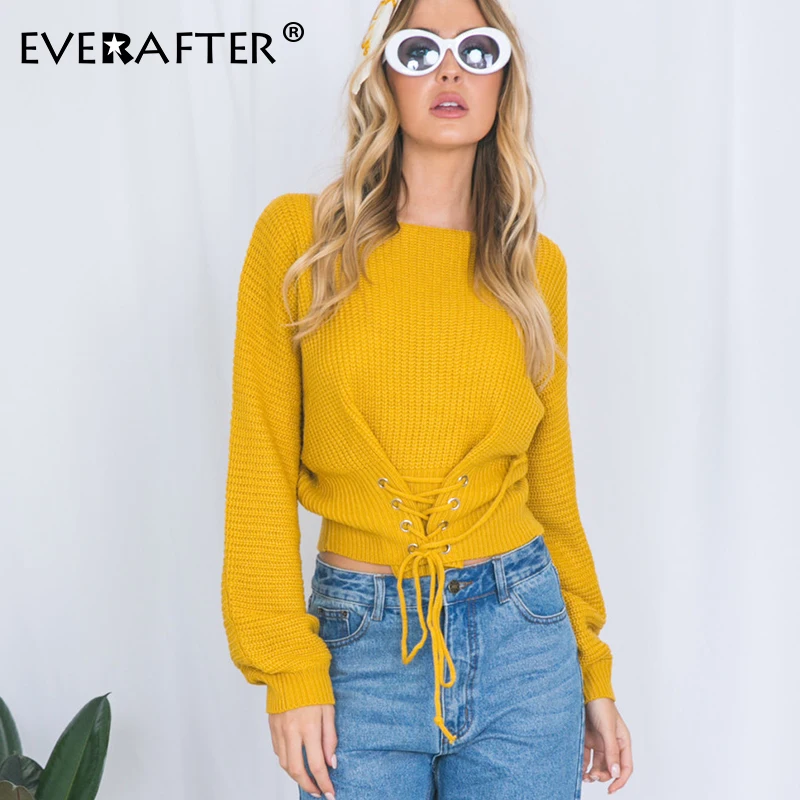 

EVERAFTER Elegant Lace up Knitted Winter Sweater Women Pullovers Long Sleeve Yellow Short Sweater Elastic Waist Pull Femme 2019