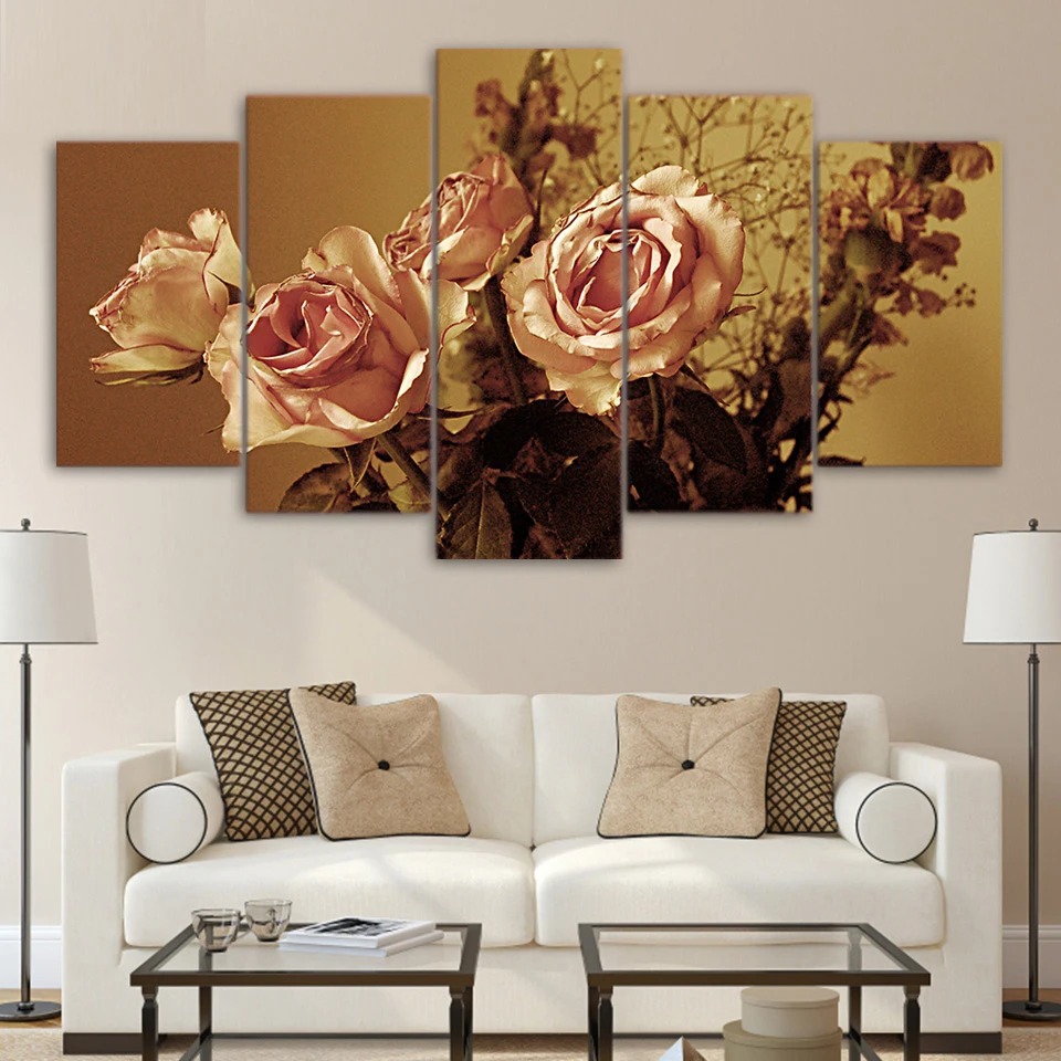 5 Pieces Roses Flowers Yellowing Poster Canvas HD Printed Abstract