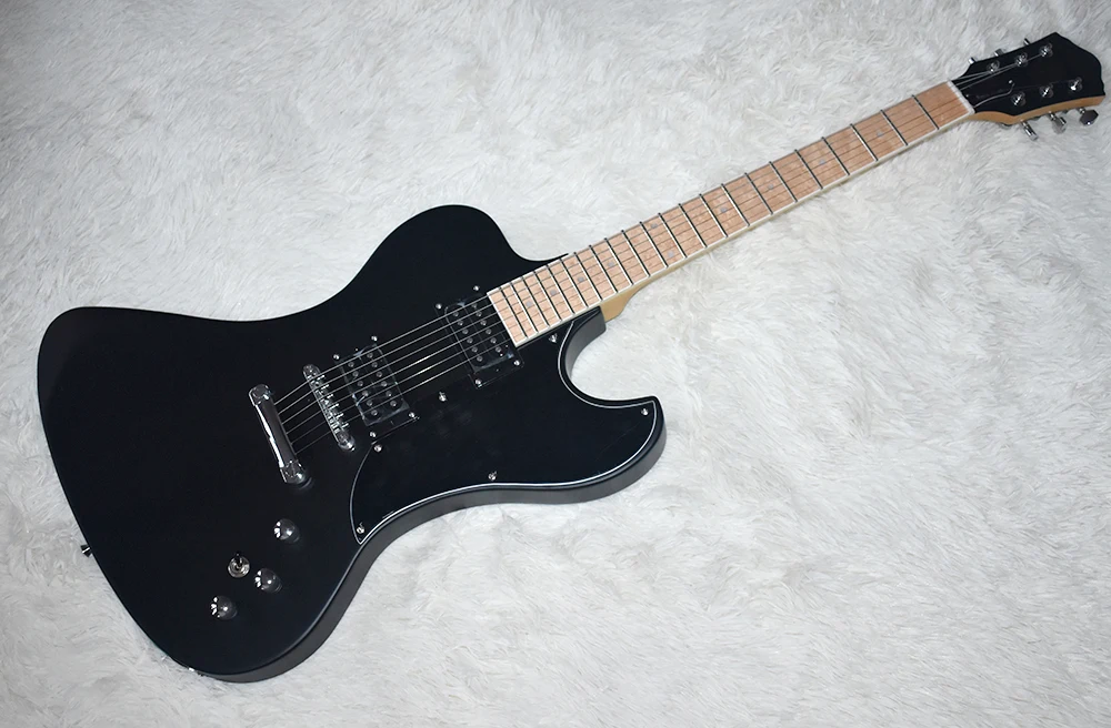 

Factory In Stock High Quality Unusual Shape Matte Black Electric Guitar with Black Pickguard,HH Pickups,Chrome Hardwares