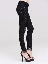 Devil Fashion Punk Gothic Women Twill Tatting Trousers Sides Lace-up Pants Steampunk Black Casual Pants for Ladies Solid Cotton