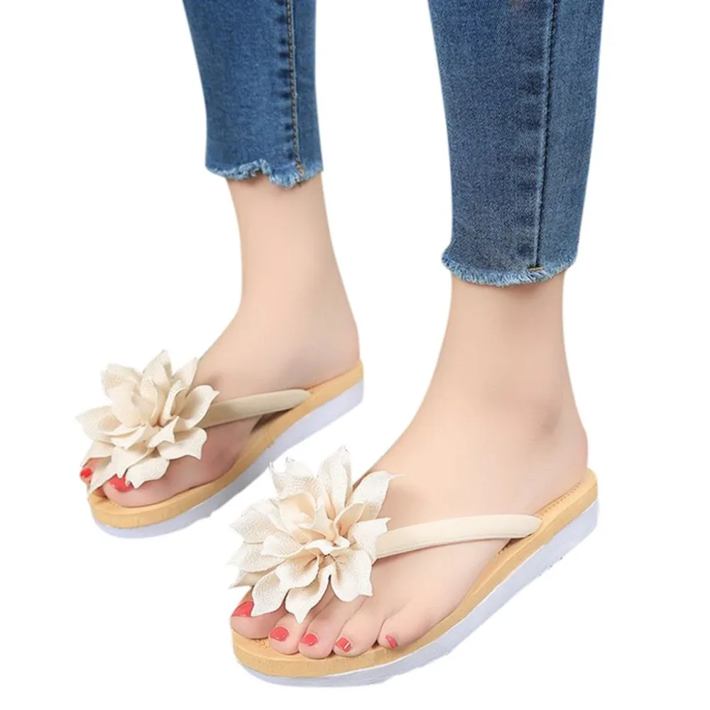 Для женщин тапочки 2017, Новая мода цветок летние сандалии на плоской подошве шлепанцы на танкетке шлепанцы на платформе обувь мягкие