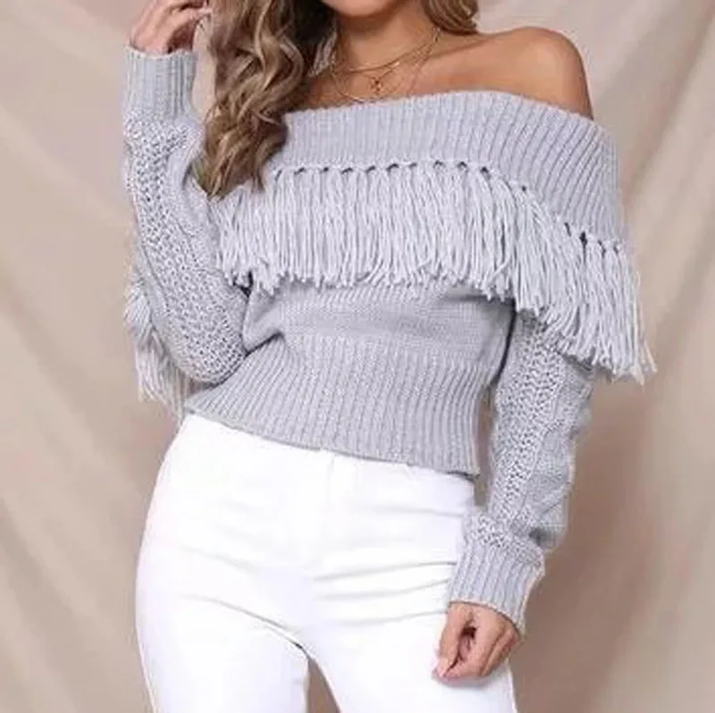 Autumn Winter Sexy Fashion Sweater Pullovers Slash-neck Long-Sleeve Tassel Knitted Sweater Tops B08SW851 Sweaters
