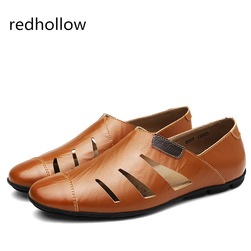 

2018 Men Casual Shoes Real Leather Summer Breathable Holes Flat Shoes for Men Sandals Driving Shoes Slip on Loafers Plus Size 47