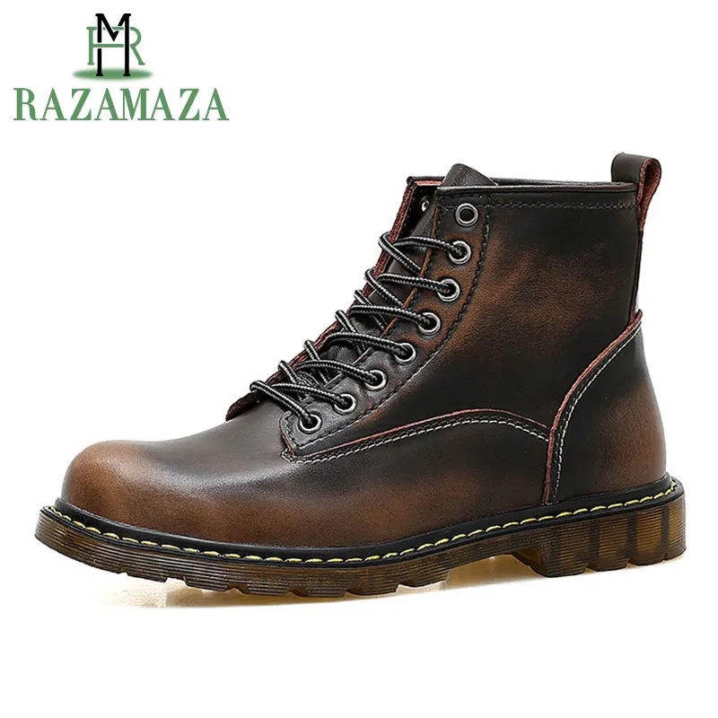 

ZALAVOR Vintage Men Boots Crazy Genuine Leather Oxford Ankle Boots Fur Warm Boots Work Hiking Winter Cool Boots Male Footwear