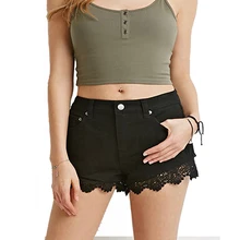 Женские джинсовые шорты, черные, средняя талия, из кусков, с вырезами, кружевные шорты, женские укороченные шорты, Feminino Bermudas#160401