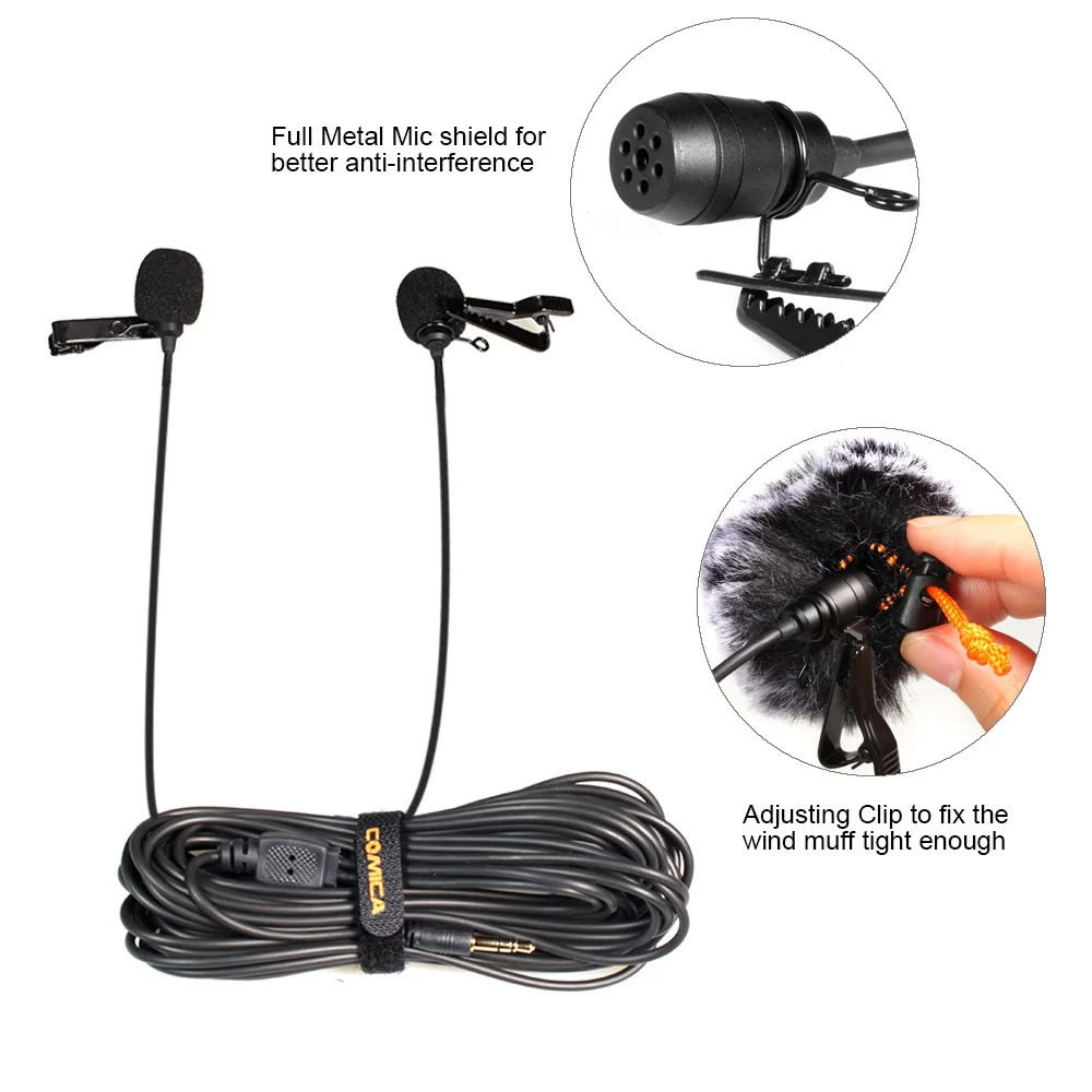 Ceny Comica 2.5 M 4.5 M 6 M podwójna głowica Lavalier klapa mikrofonu Clip on wielokierunkowy mikrofon pojemnościowy kabel do DSLR Smartphone Gopro PC