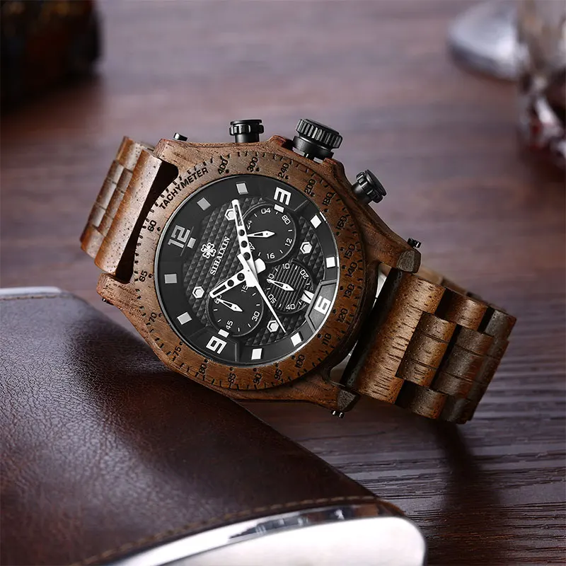 SIHAIXIN Newest Men's Walnut Wooden Watch Waterproof Sport Quartz Japan Movement Chronograph Military Wood Wrist Watches Clock