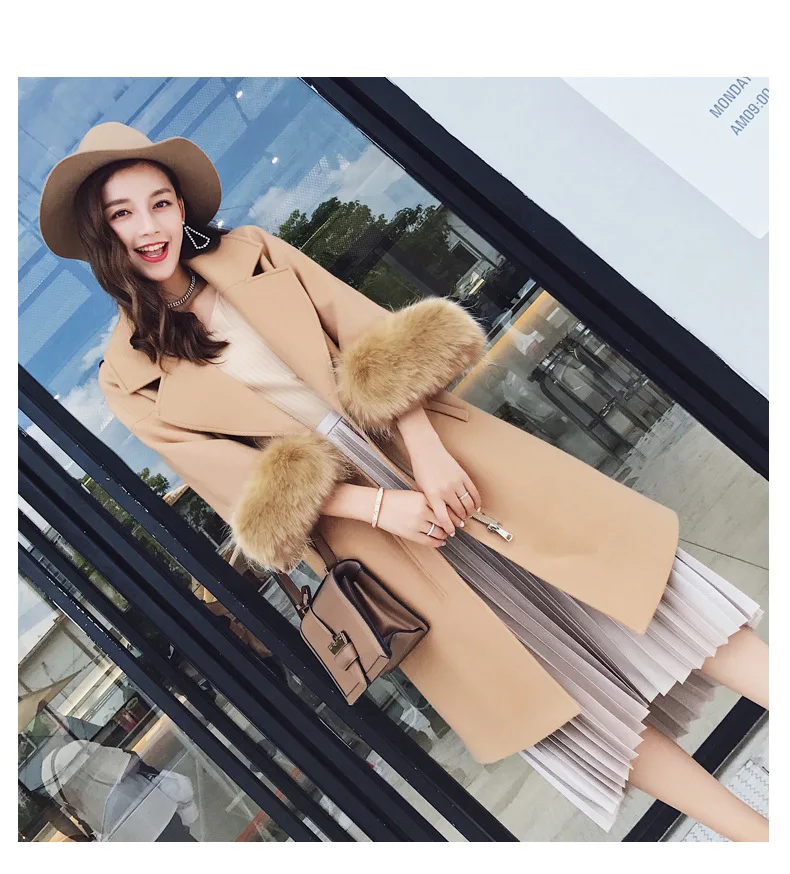 

Office Lady Long Woolen Winter Coats Slim Zipper Wool Coat and Jacket Turn-down Collar Solid Ladies Coats