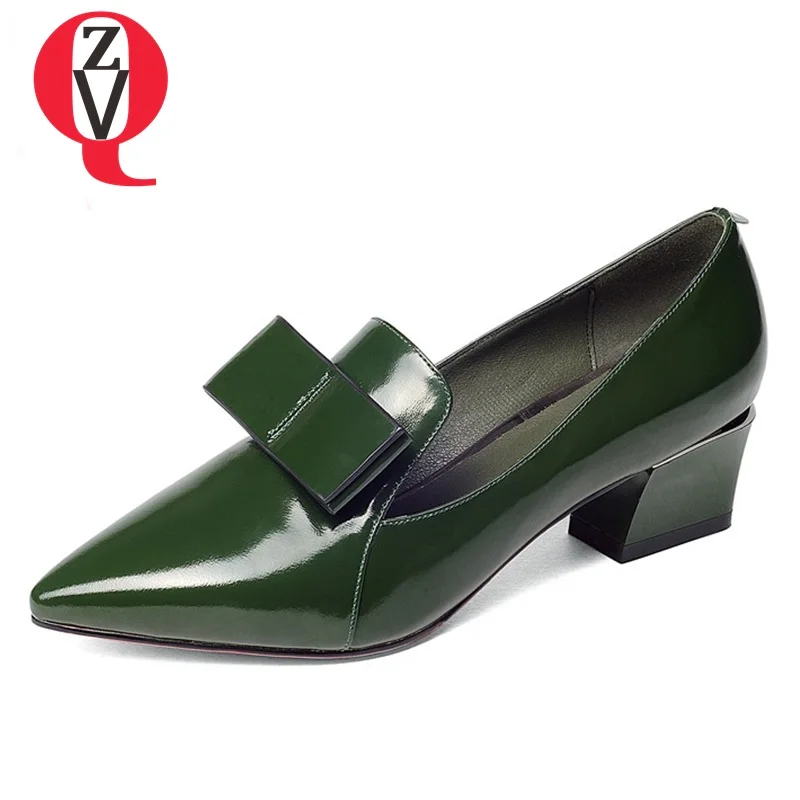 

ZVQ women dress shoes pumps mid heels office ladies genuine leather good quality bowknot pointed toe patent leather pumps