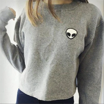 

Patch Embroidery Crewneck Cropped Sweatshirt autumn Winter Fleece Hoodie Grey Black Cotton Long Sleeve Tops