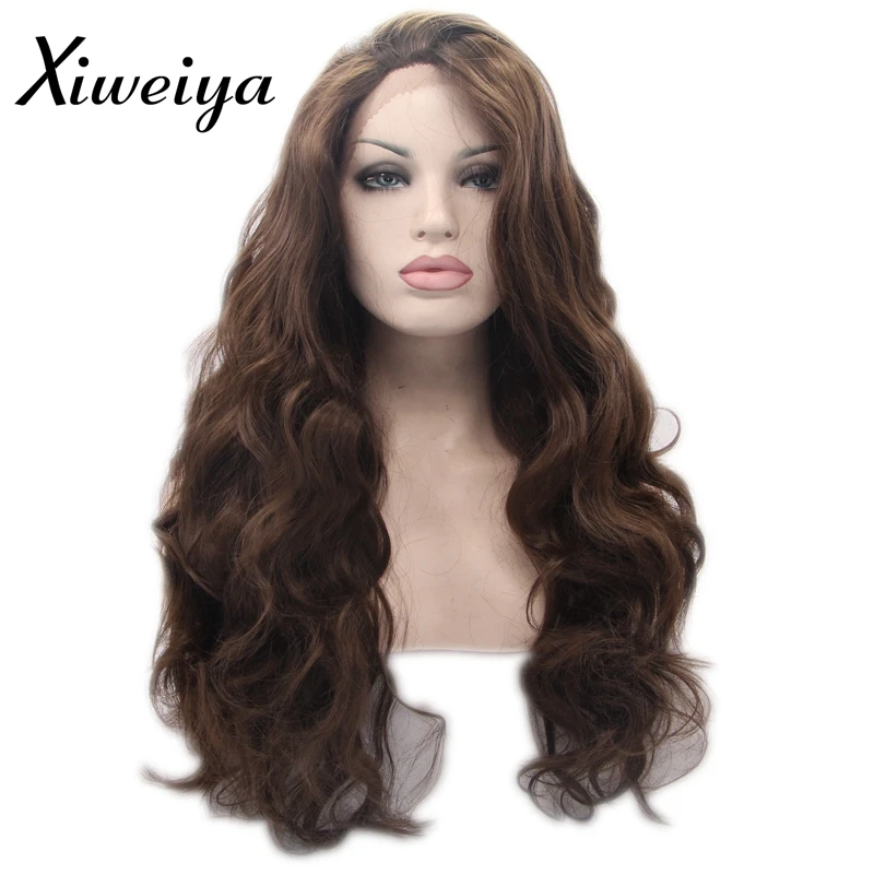 

Xiweiya 6# color long wavy synthetic lace front wigs coffee brown long brown glueless heat resistant fiber hair for women