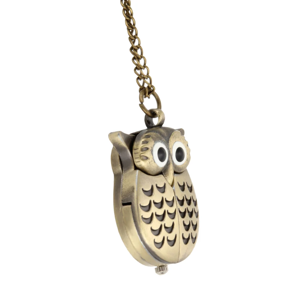 Pocket Watch Vintage Alloy Retro Owl Shape Pendant Long Necklace Chain Keychain