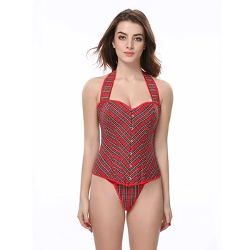 

Guepiere Sexy Overbust Lace Up Corsets And Bustiers Halter Backless Women Plaid Steel Boned Corset With G string AS2716