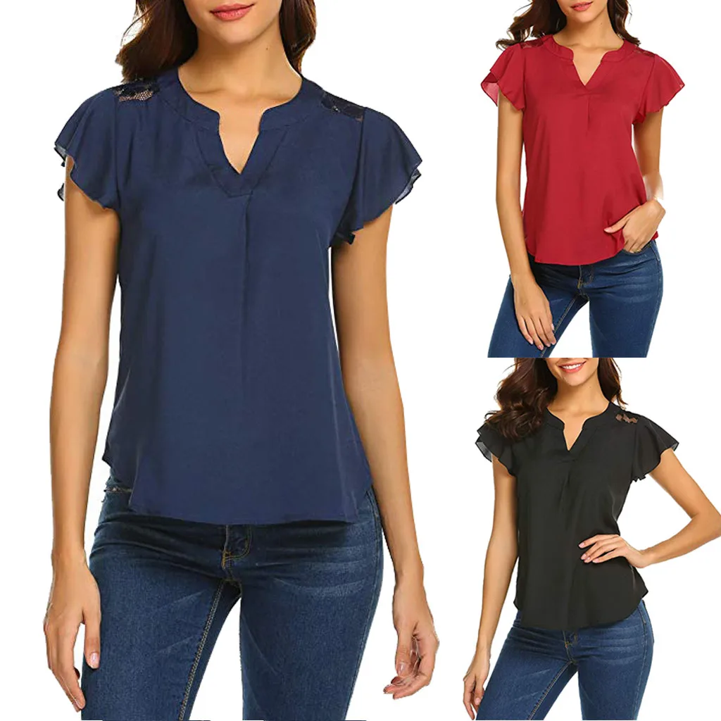 

Women's fashion casual V-neck shirt blouse ladies summer chiffon ruffled short-sleeved lace shirt jacket female large size shirt