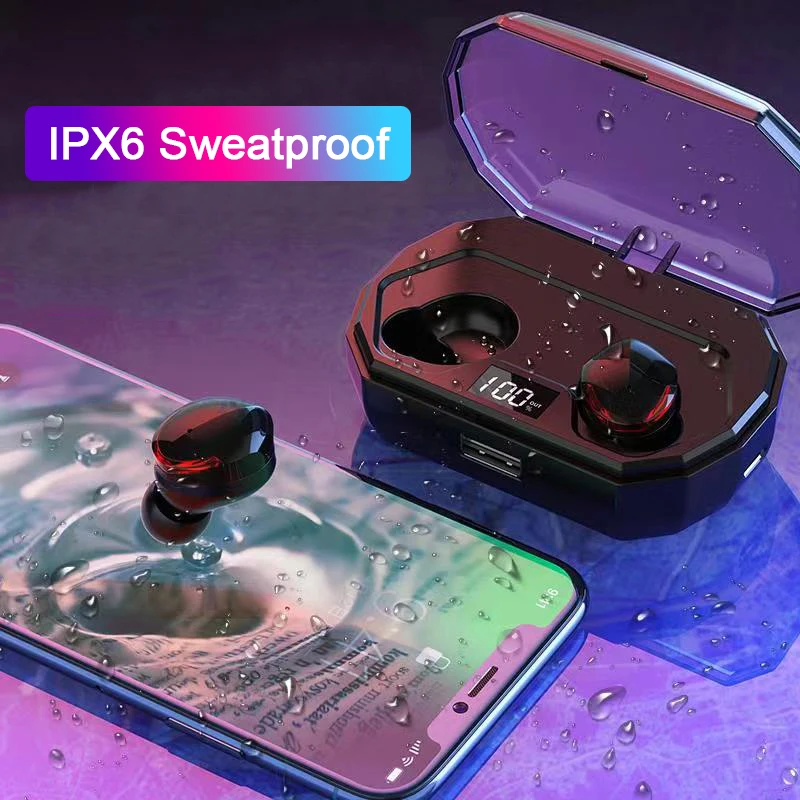 

Bluetooth Earphones V5.0 True Wireless TWS Earbuds with LED Power Display 2000mAH Charger Case Sweatproof Sports Headsets