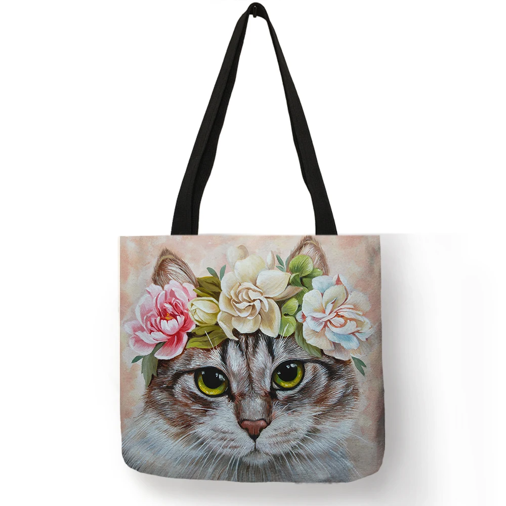 Новое поступление, женские модные сумки, сумка с цветочным принтом кошки, повседневные школьные сумки через плечо, многоразовая сумка для покупок с короткими ручками, сумка B01079 - Цвет: 05