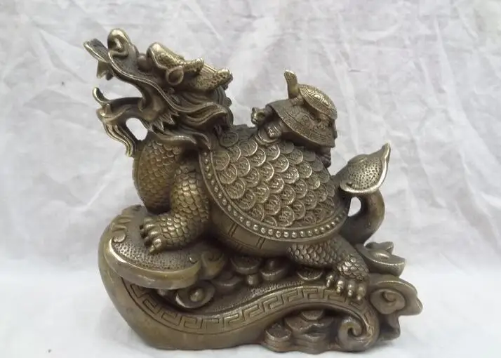 

S5347 8" Chinese Bronze Wealth YuanBao Coin Longevity Dragon Turtle On RuYi Statue discount 30% (C0324)