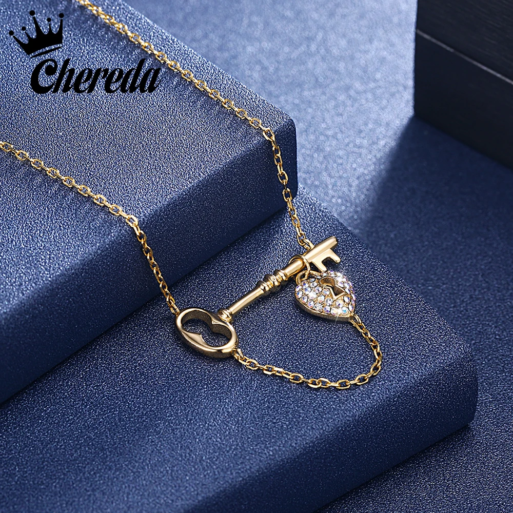 

Long Chain Gold Color Necklace Statement Women Pendant Crystals from Swarovski Lock Shape Bar Jewelry