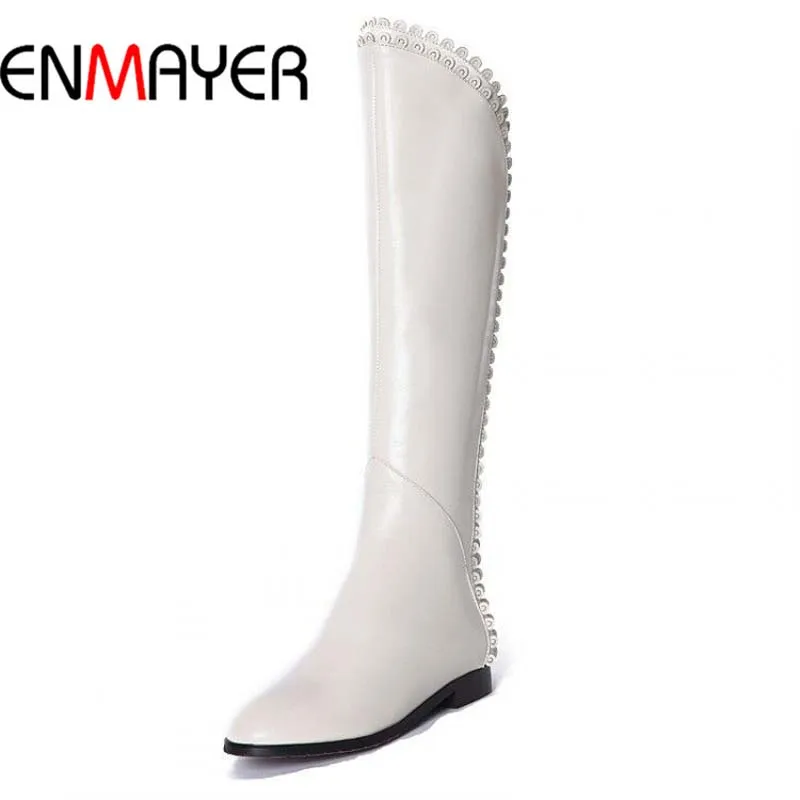 

ENMAYER women's autumn winter shoes fashion knee high boots genuine leather flat boots women shoes woman motorcycle riding black