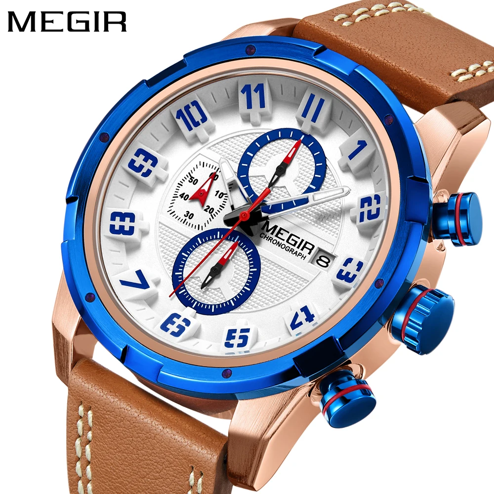 

MEGIR Fashion Sport Men Watch Brand leather Army Military Watches Clock Men Quartz Wrist Watch Hour Time Saat Relogio Masculino