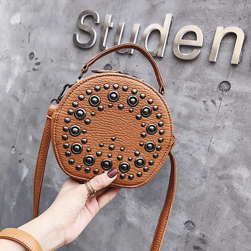 

Very Hot On Ins 2018 Autumn New To Original Design Women Small Handbags Vintage Rivet Round Handbags Slanted Shoulder Bag