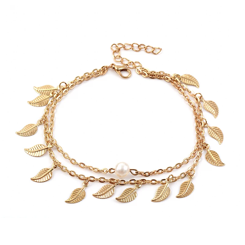 

QCOOLJLY Bohemian Jewelry Gold-Color Simulated Pearl Chain Anklets Leaf Charm Boho Chic Anklet Beach Sandals Foot Jewelry