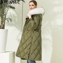 AYUNSUE женский пуховик с капюшоном зимняя енотовидная собака меховой воротник длинные свободные женские куртки Campera Mujer KJ438