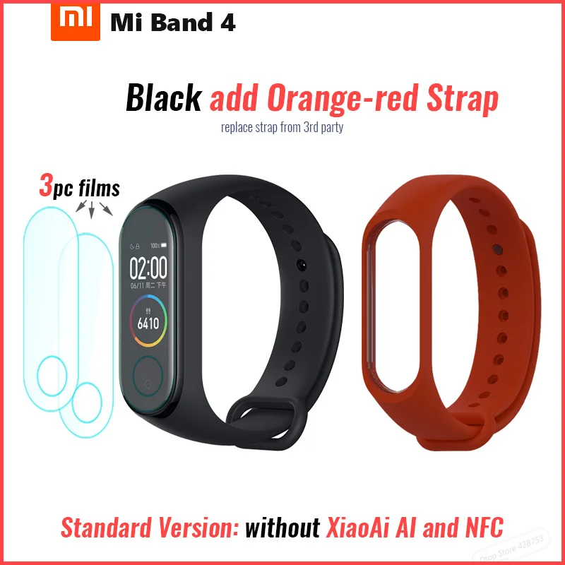 Xiaomi mi-браслет 4 смарт-браслет mi Band 4 фитнес-браслет 0,9" AMOLED цветной сенсорный экран управление музыкой пульсометр BT - Цвет: Std add film o red s