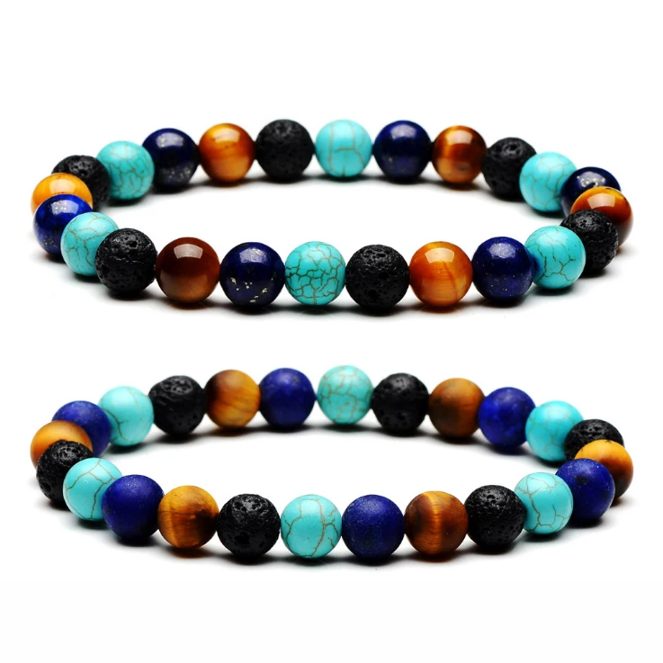 

Natural Stone Purple lapis lazuli Tiger Eye Lava Colourful Mixed Bead Elastic Yoga 7 Chakra Bracelet for Women Jewelry