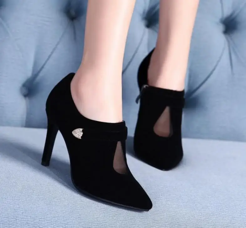 

Pointed ankle boots female spring and autumn plus velvet short boots suede high heel stiletto large size women's shoes