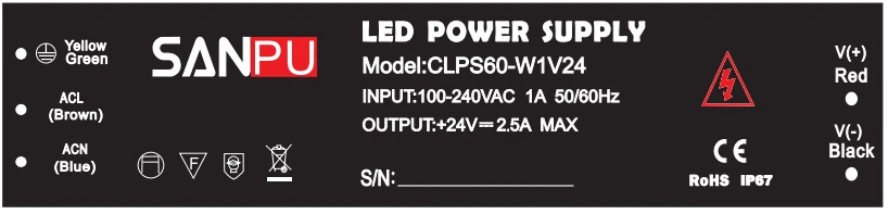 SANPU импульсный источник питания 24 в 60 Вт Водонепроницаемый IP67 постоянное напряжение AC/DC 24 вольт трансформатор освещения 24VDC светодиодный драйвер тонкий