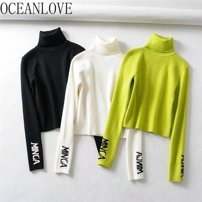 OCEANLOVE Short Women Sweaters Embroidery Letters Turtleneck Pullovers Autumn Winter 2020 Fashion Slim Thin Sueter Mujer 12674 | Женская